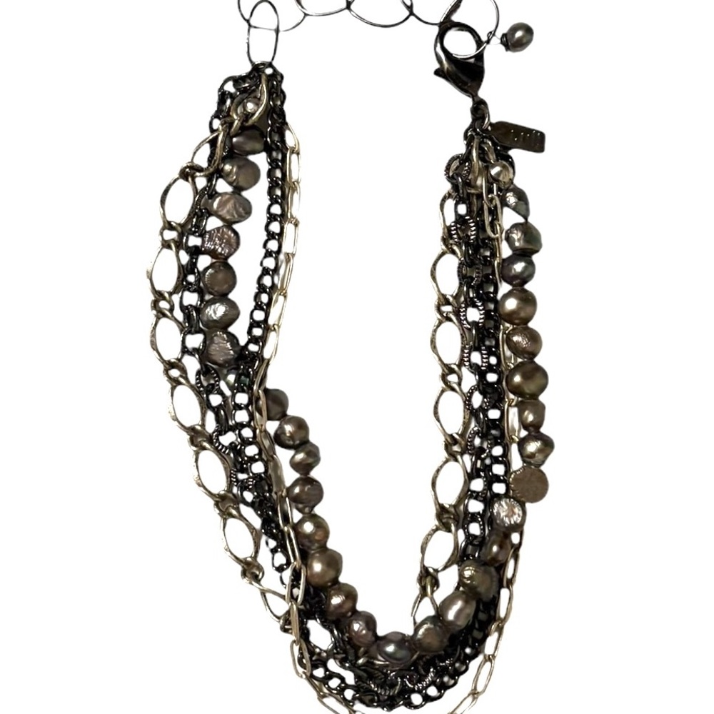 Elegant Multi-Strand Silver Chain and Black Freshwater Pearl Bracelet
